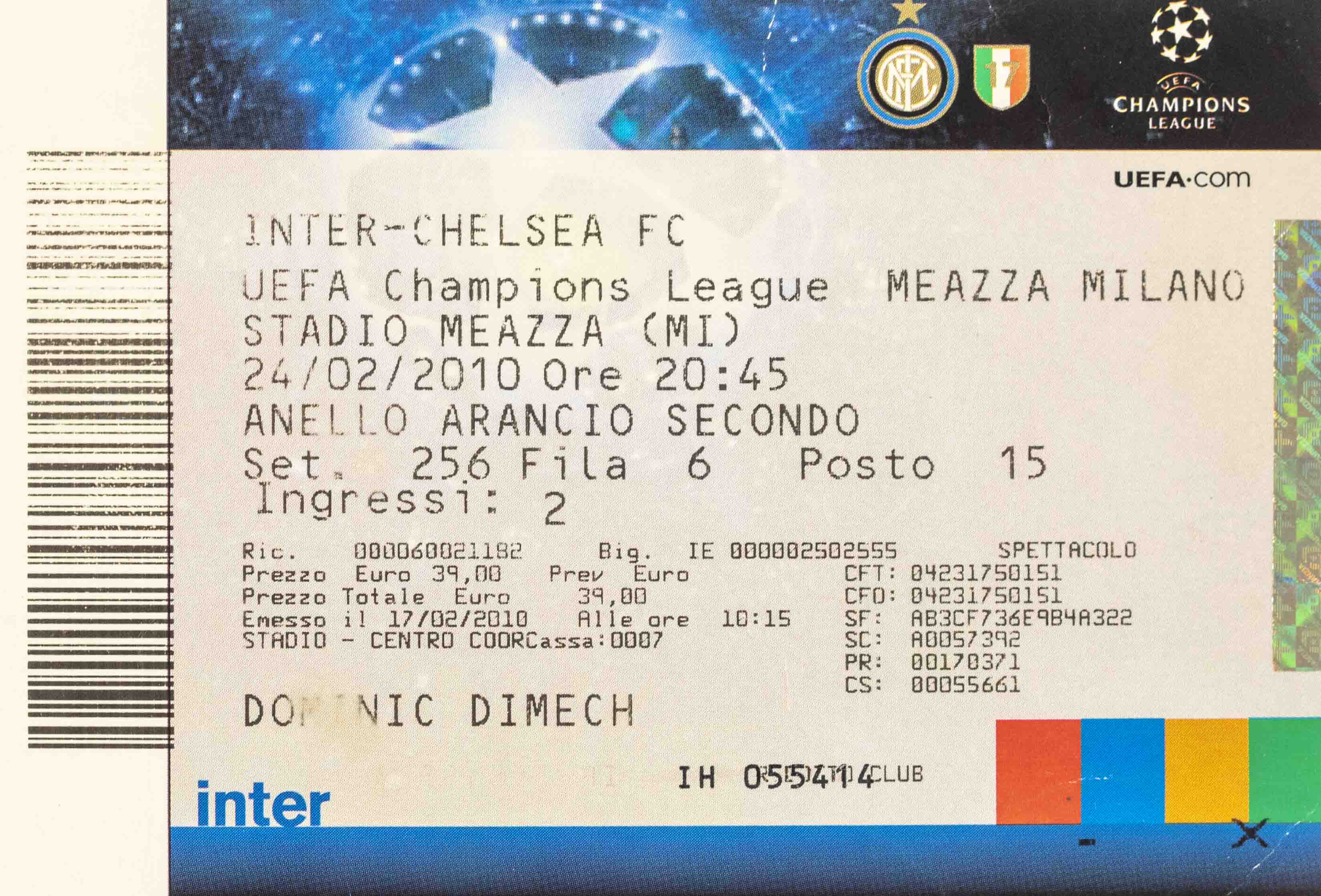 Vstupenka fotbal UEFA CHL, Inter v. Chelsea FC, 2010