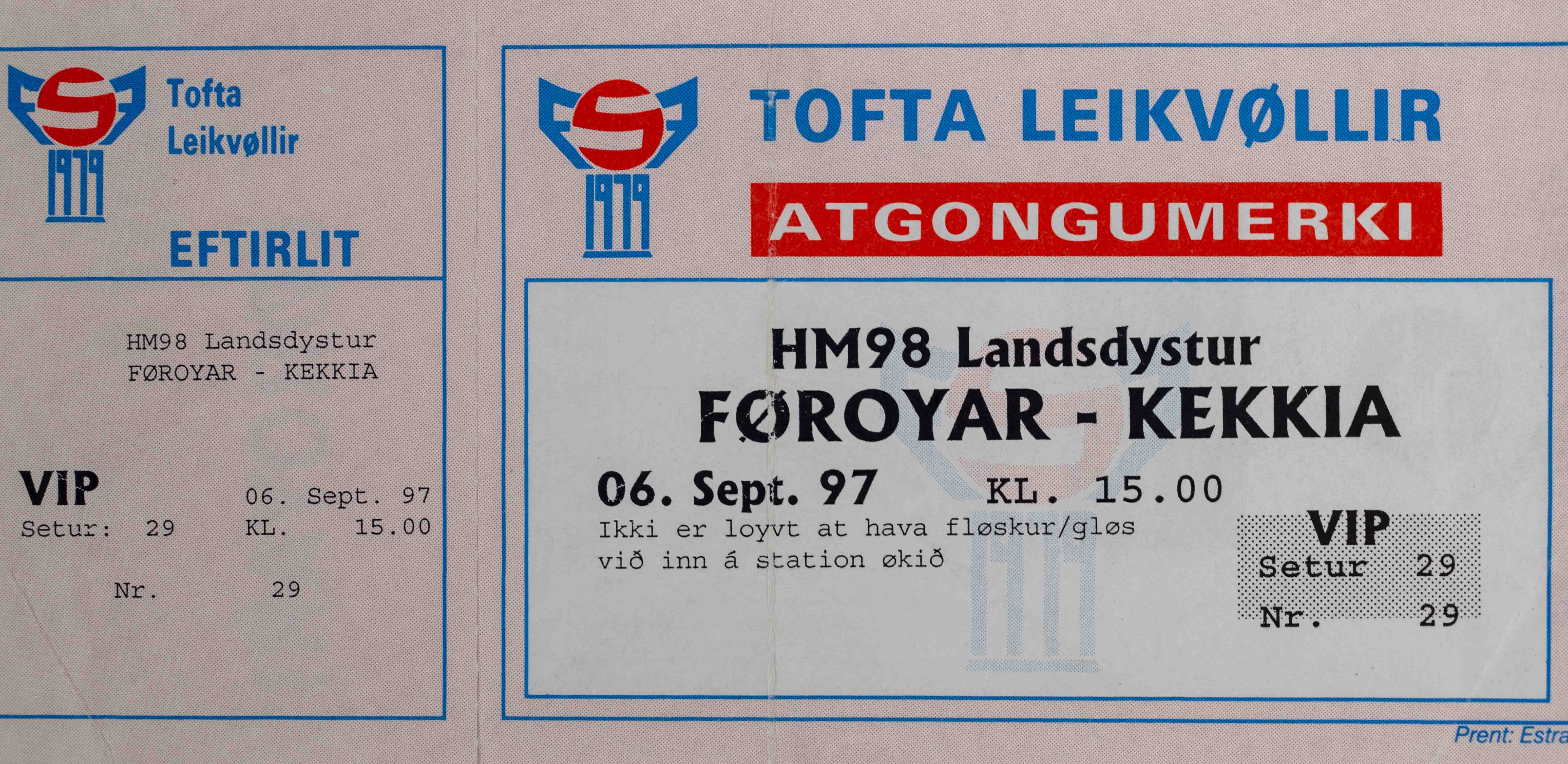 Vstupenka fotbal VIP, Foroyar v. Kekkia, 1997
