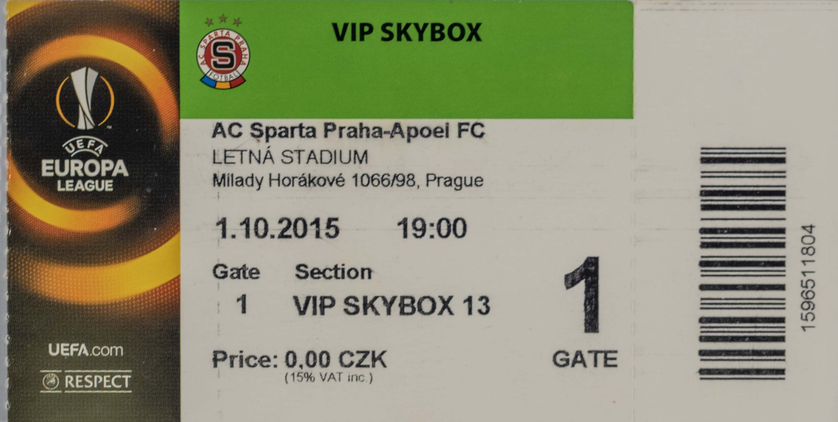 Vstupenka fotbal VIP, AC Sparta Praha v. Apoel FC, 2015