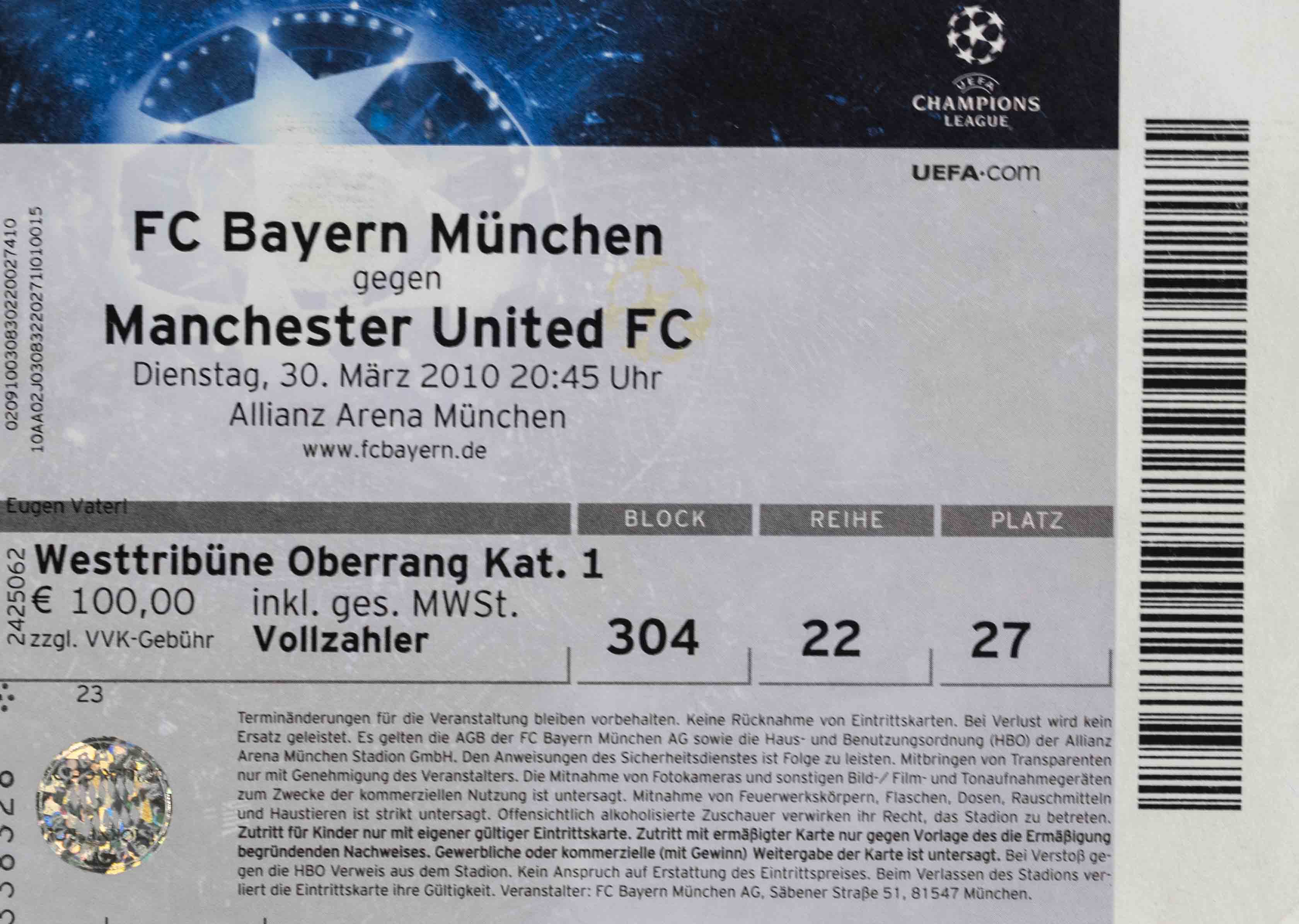 Vstupenka fotbal. FC Bayern v. Manchester United FC, 2010