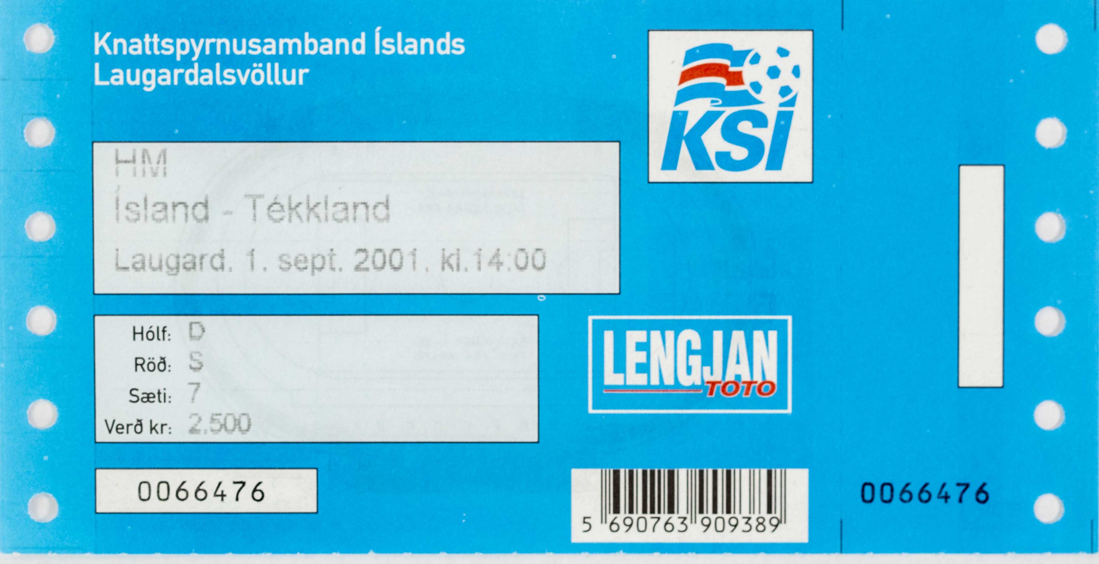 Vstupenka fotbal, Island v. Tékkland, 2001