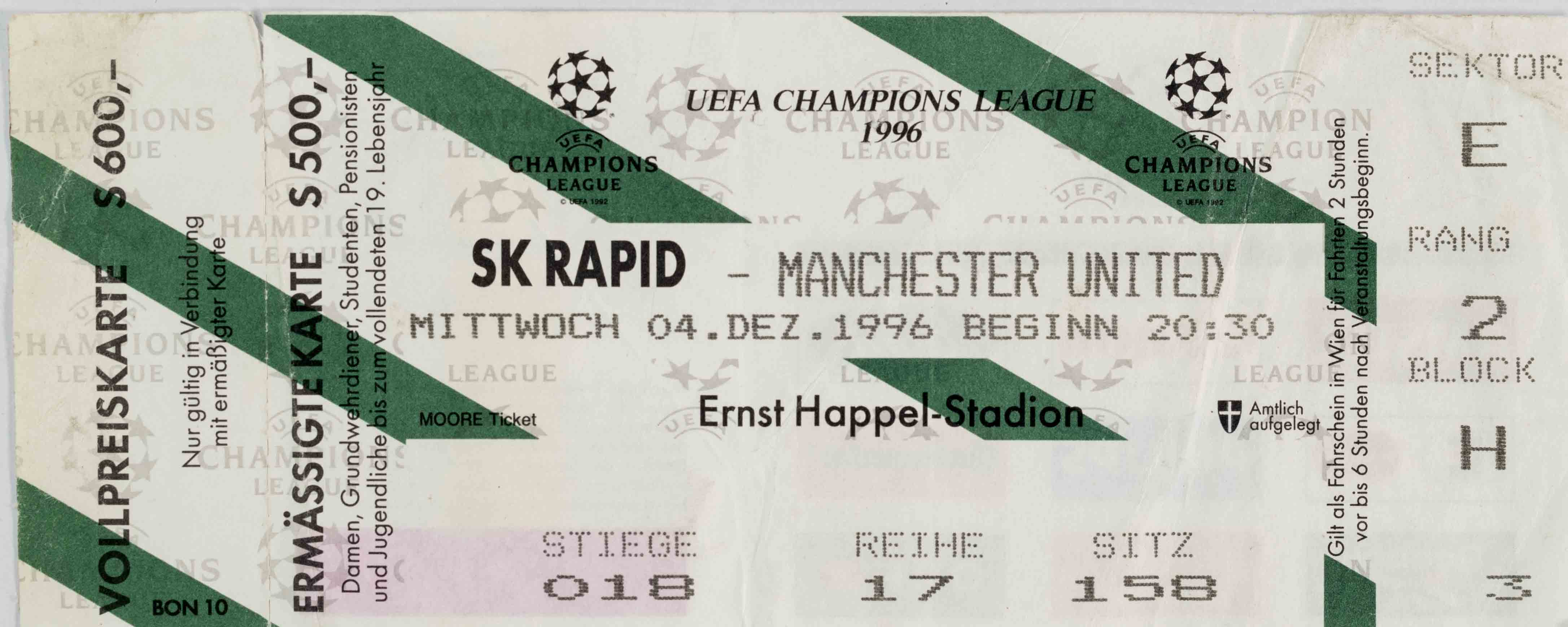 Vstupenka fotbal, UEFA, SK Rapid v. Manchester United, 1996