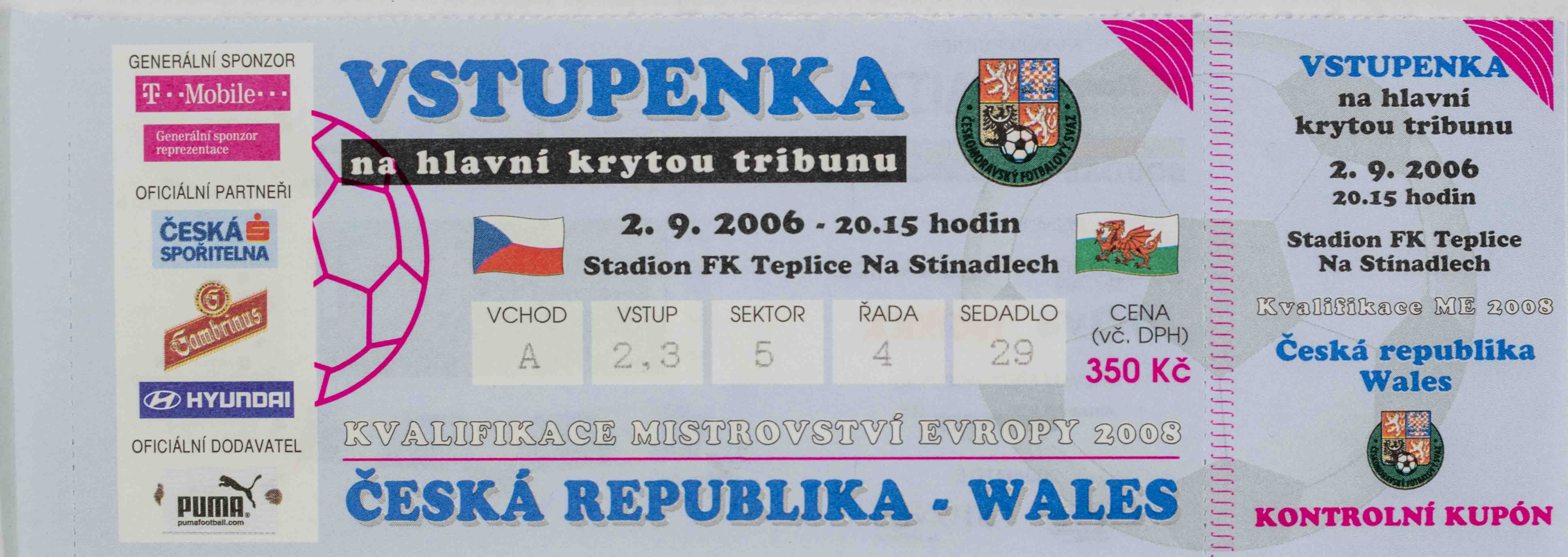 Vstupenka fotbal Česká rep. v. Wales, Q ME, 2006 2