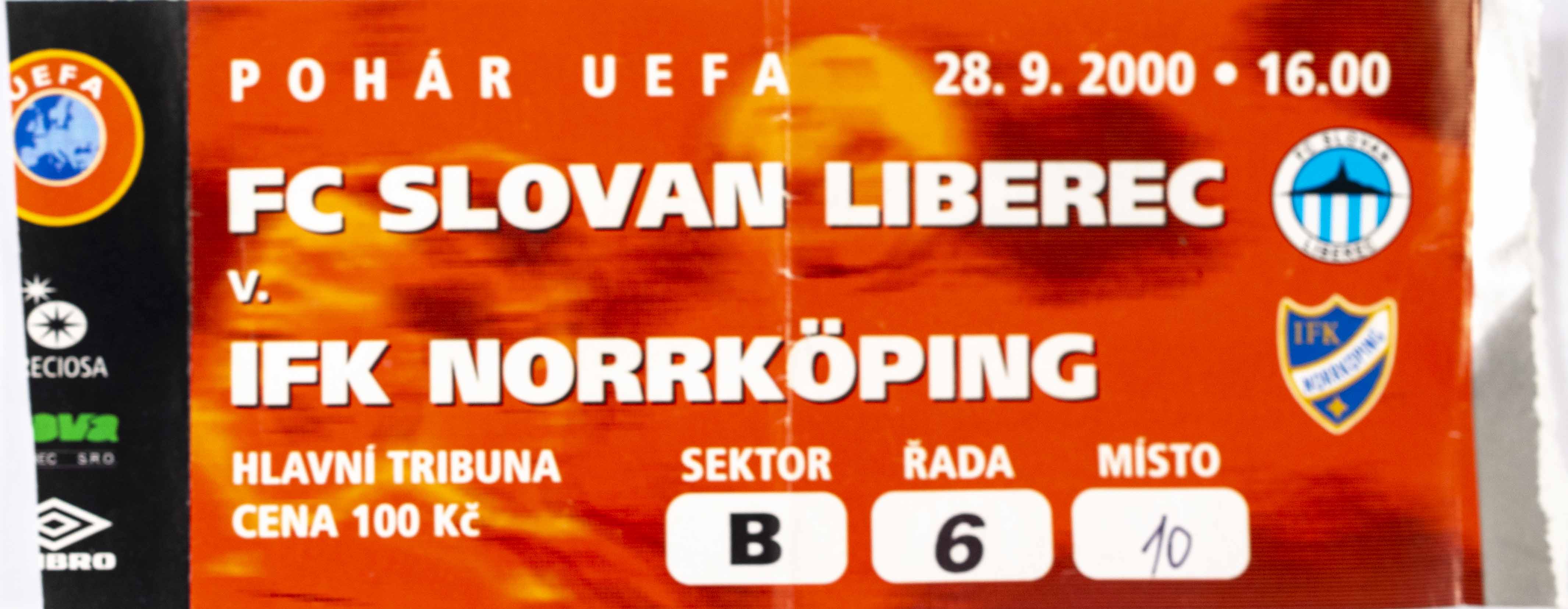 Vstupenka, UEFA, FC Slovan Liberec v IFK Norrkoping, 2000