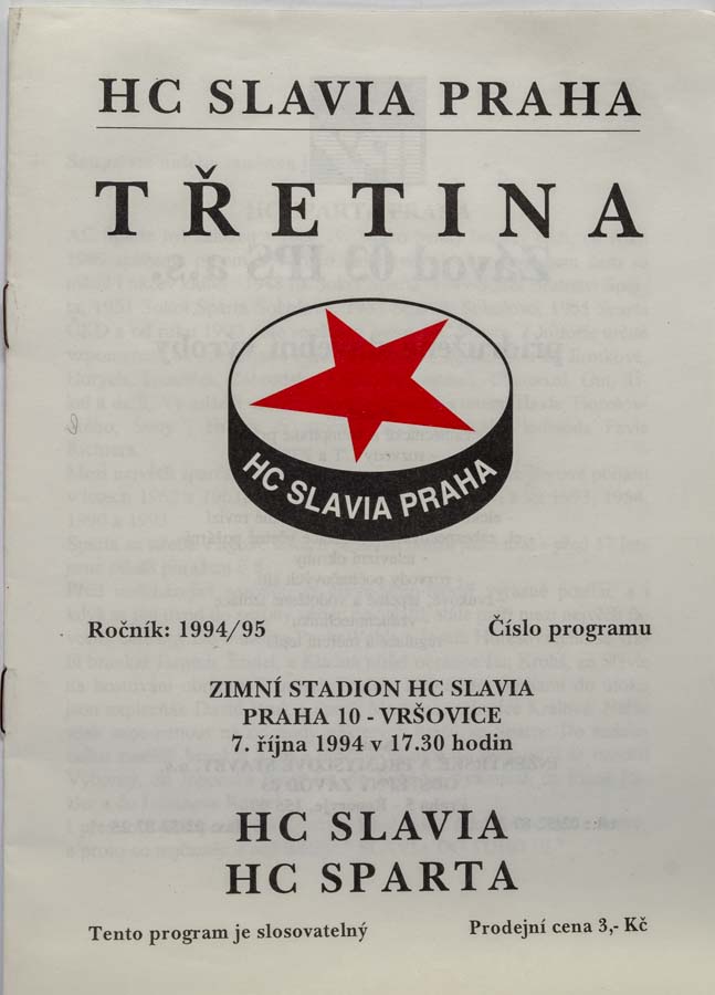 Program Třetina, HC Slavia Praha v. HC Sparta Praha, hokej, 1994/95