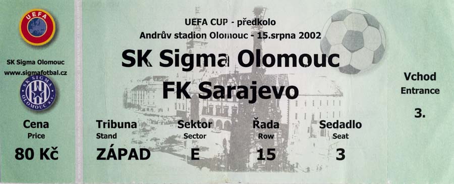Vstupenka fotbal UEFA, SK Sigma Olomouc v. FK Sarajevo, 2002