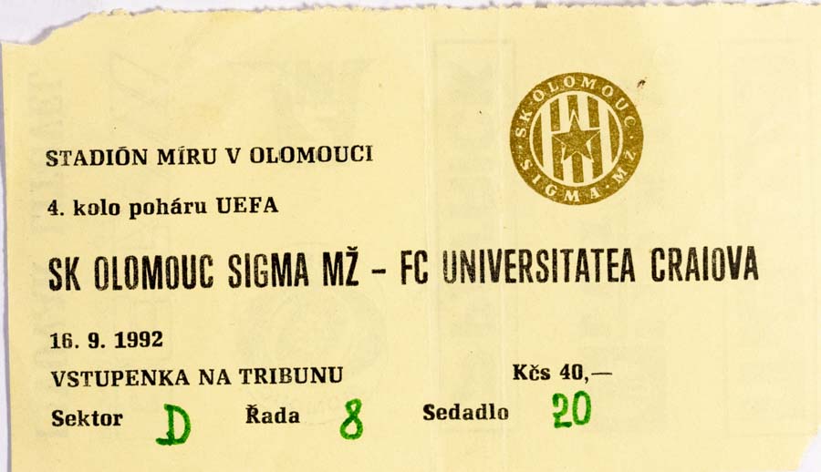 Vstupenka fotbal UEFA, SK Sigma Olomouc v. FC Unoversita Craiova, 1992