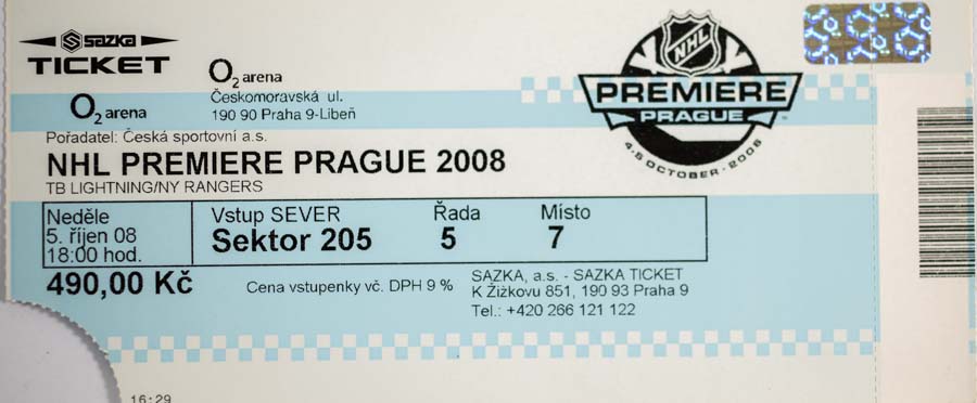 Vstupenka , NHL Premiere Prague, 5.10. 2008