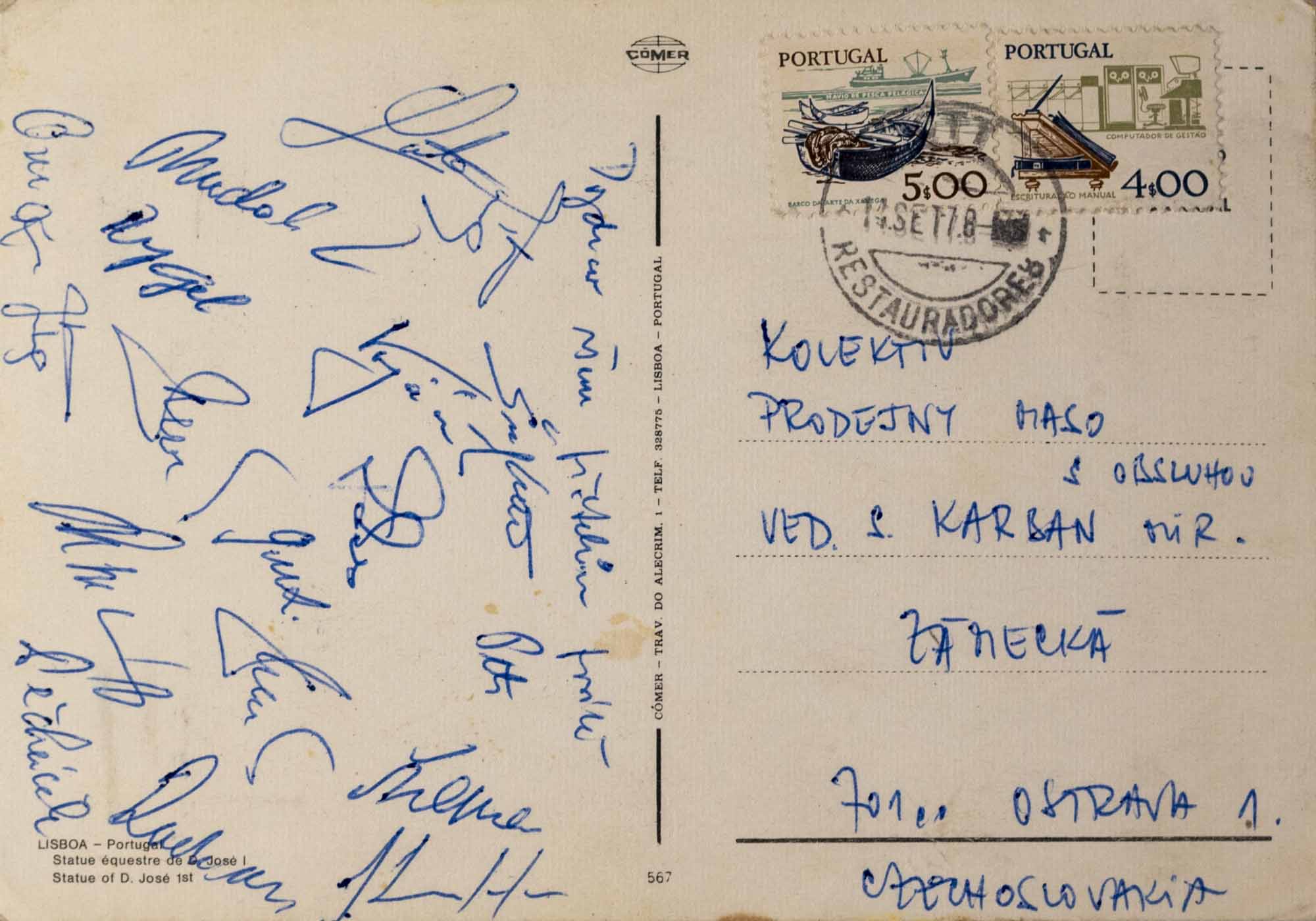 Pohlednice ze zájezdu do Lisboa, Dukla Praha, autogramy
