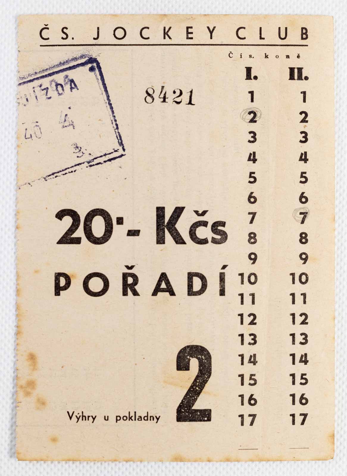 Sázkový tiket, Jockey Club, Velká Pardubická, 1946