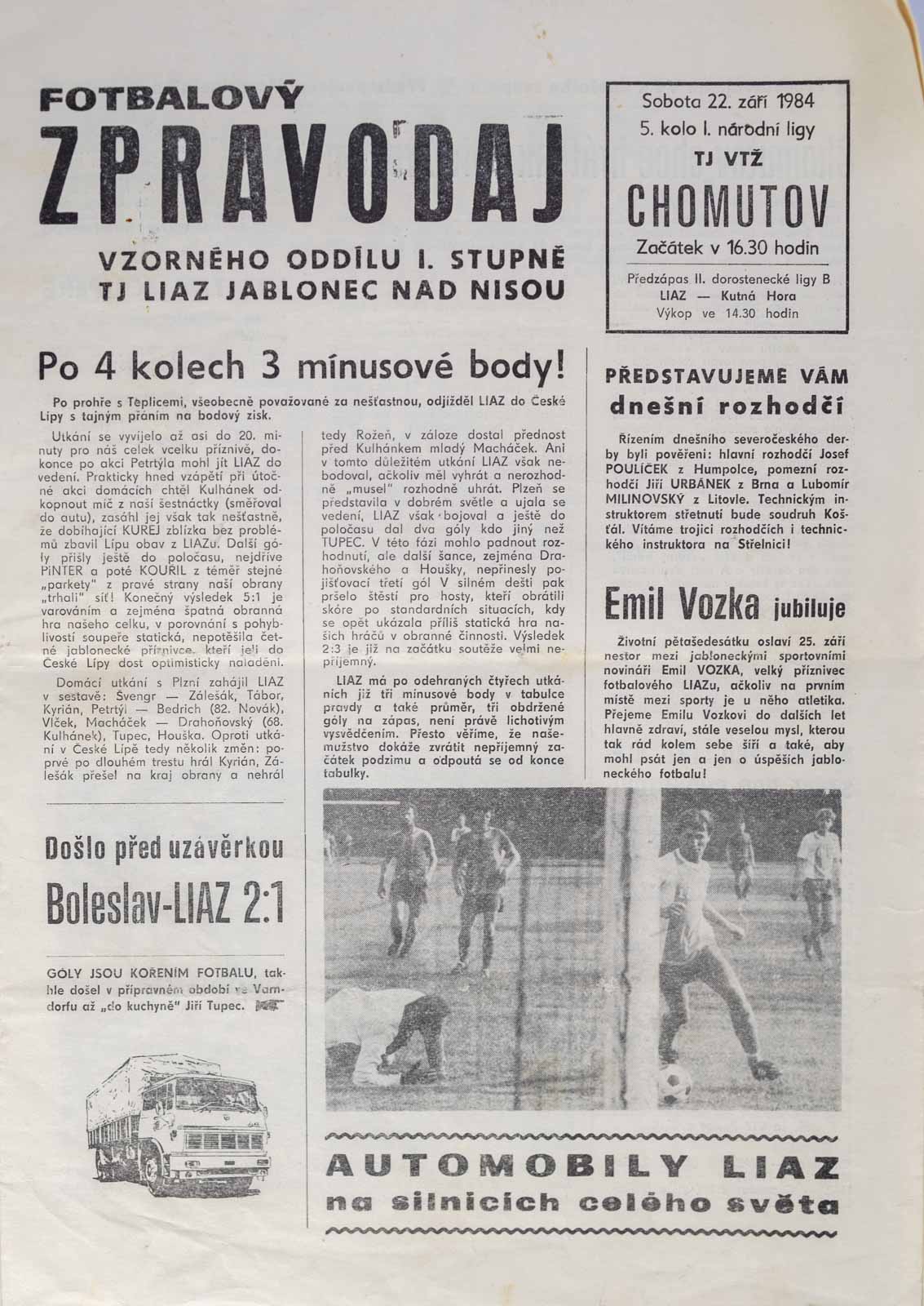 Program, Fotbalový zpravodaj, TJ Liaz Jablonec v. VTŽ Chomutov, 1984