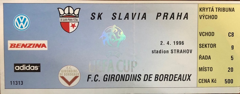 Vstupenka SK Slavia Praha vs. F.C.Girondis Bordeaux 1/2 UEFA 1996