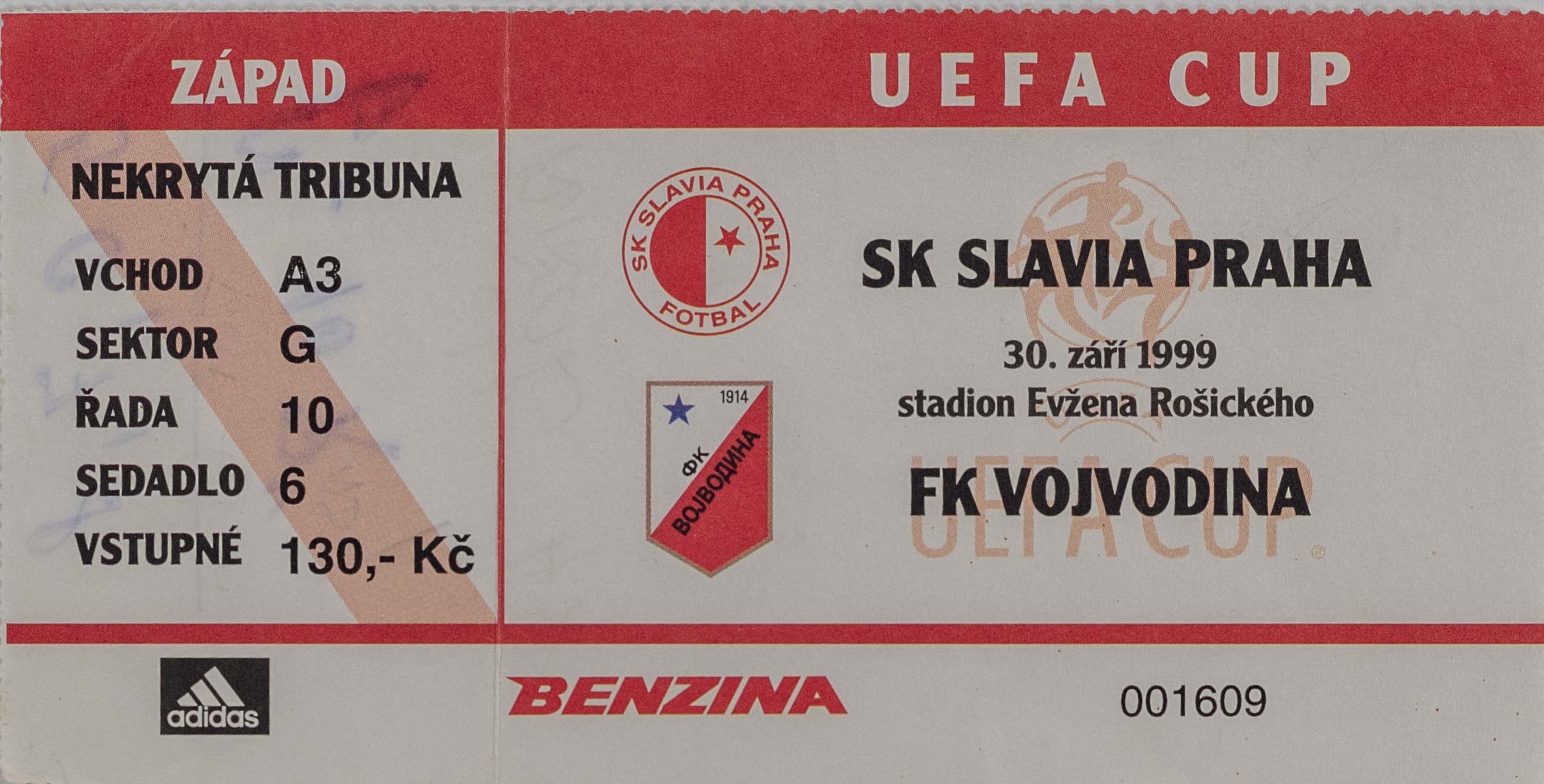 Vstupenka SK Slavia Praha vs. FK Vojvodina UEFA 1999
