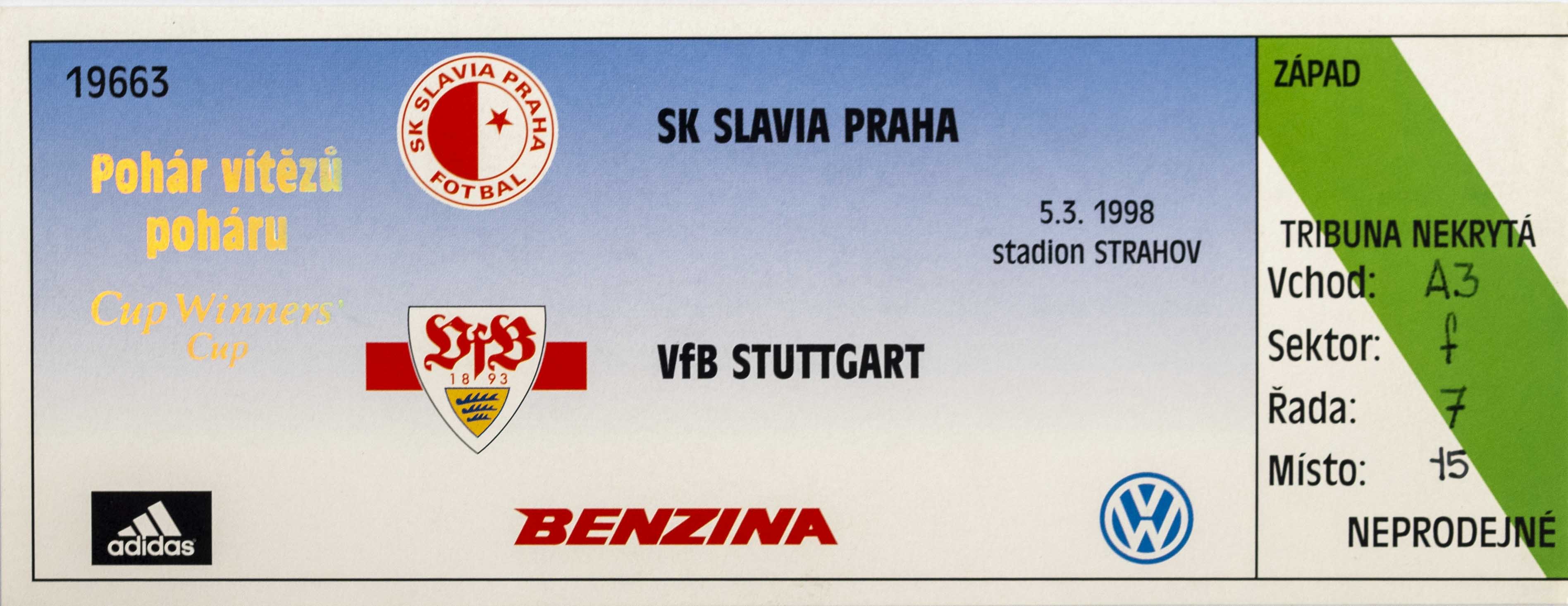 Vstupenka SK Slavia Praha vs. VfB STUTTGART, PVP 1998
