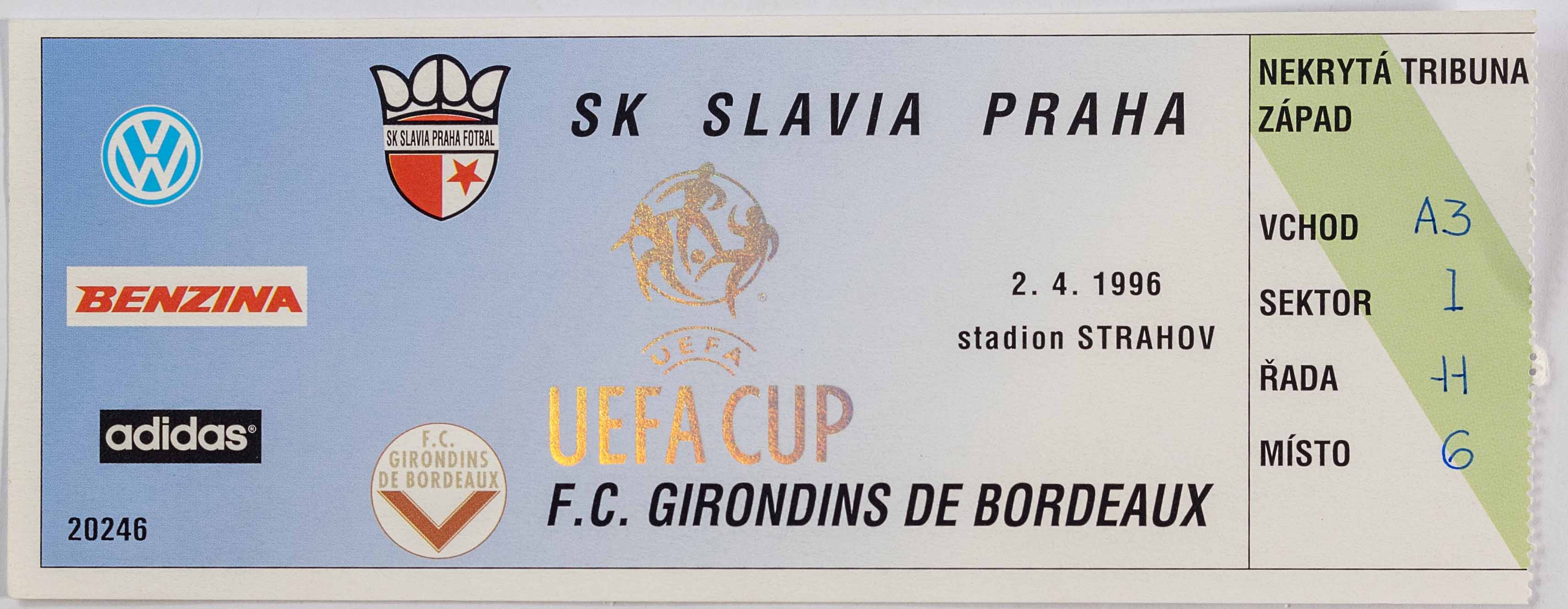 Vstupenka SK Slavia Praha vs. F.C.Girondis Bordeaux 1/2 UEFA 1996 II