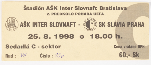Vstupenka fotbal AŠK Inter Bratislava vs. SK Slavia PRAHA,1998