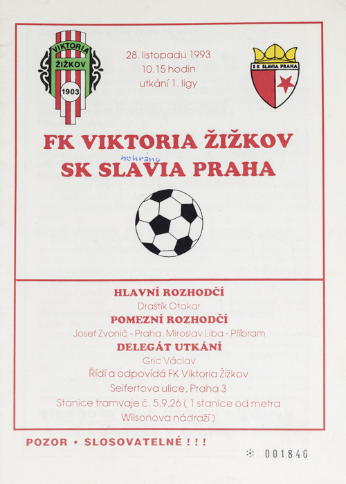 Program - FK Viktoria Žižkov vs. SK Slavia Slavia,1993