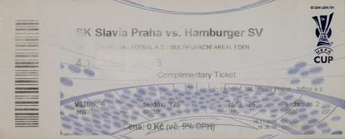 Vstupenka fotbal SK Slavia Praha vs. Hamburger SV, 2008