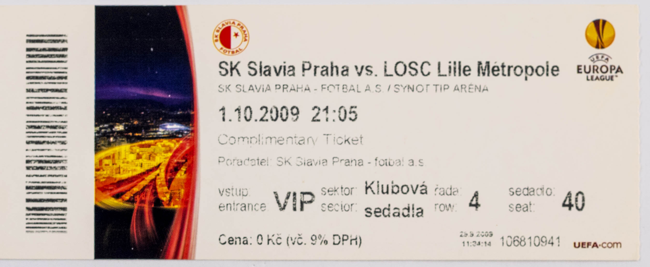Vstupenka fotbal SK Slavia Praha vs. Losc Lille Métropole, 2009