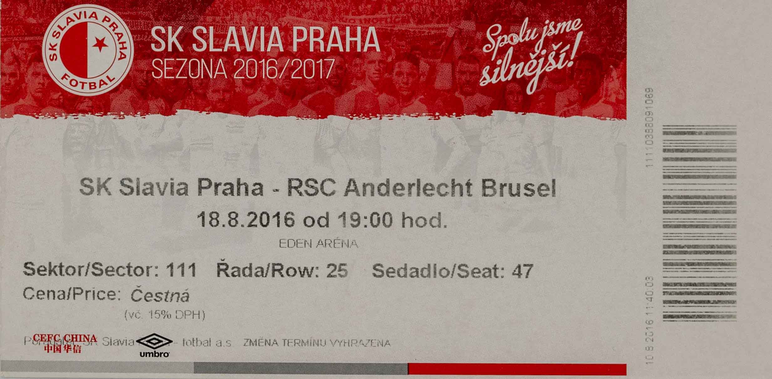 Vstupenka fotbal SK Slavia Praha vs. RSC Anderlecht Brusel, 2016