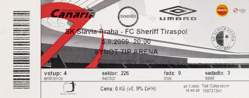 Vstupenka fotbal SK Slavia Praha vs. FC Sherif Tiraspol, 2009