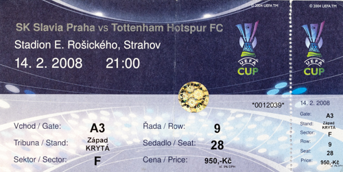 Vstupenka fotbal SK Slavia Praha vs. Tottenham Hotspur FC, 2008