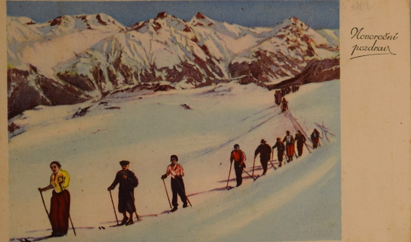 Pohlednice Novoroční pozdrav - lyžaři