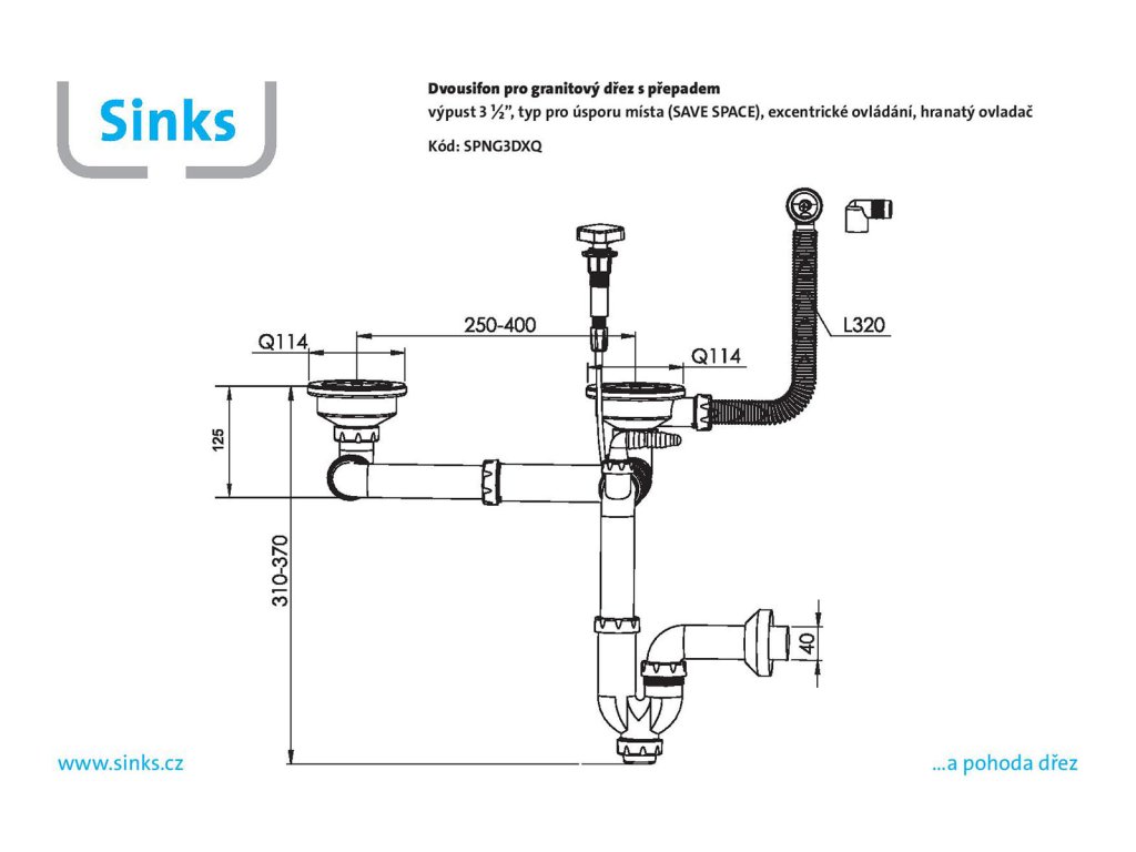 Sinks Dvousifon 3 1/2" pro granit. dřezy s úsporou místa a s exc. ovladačem (hranatý)