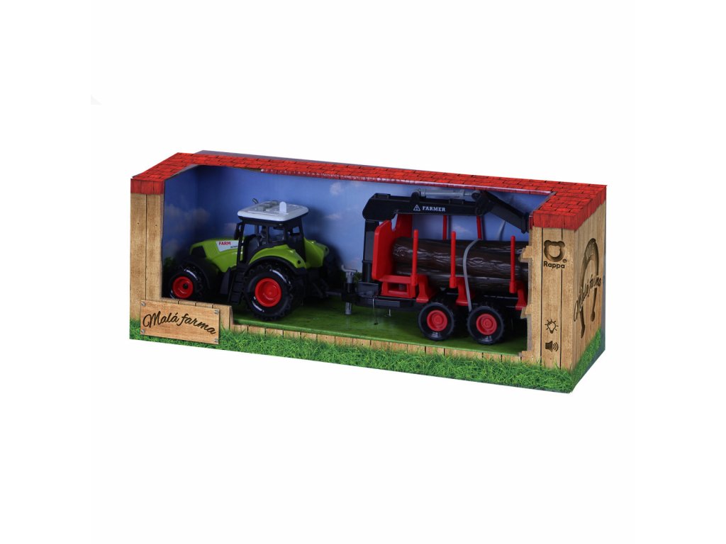 Traktor plastový se zvukem a světlem s vlečkou a chapadlem dřevěné klády