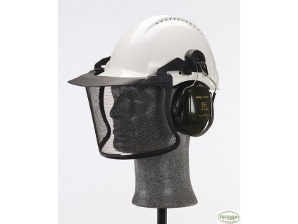 Ochranná helma s jemným drátěným štítem a ochrannými sluchátky H7