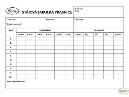 Stájová tabulka pro evidenci prasnice, plastové