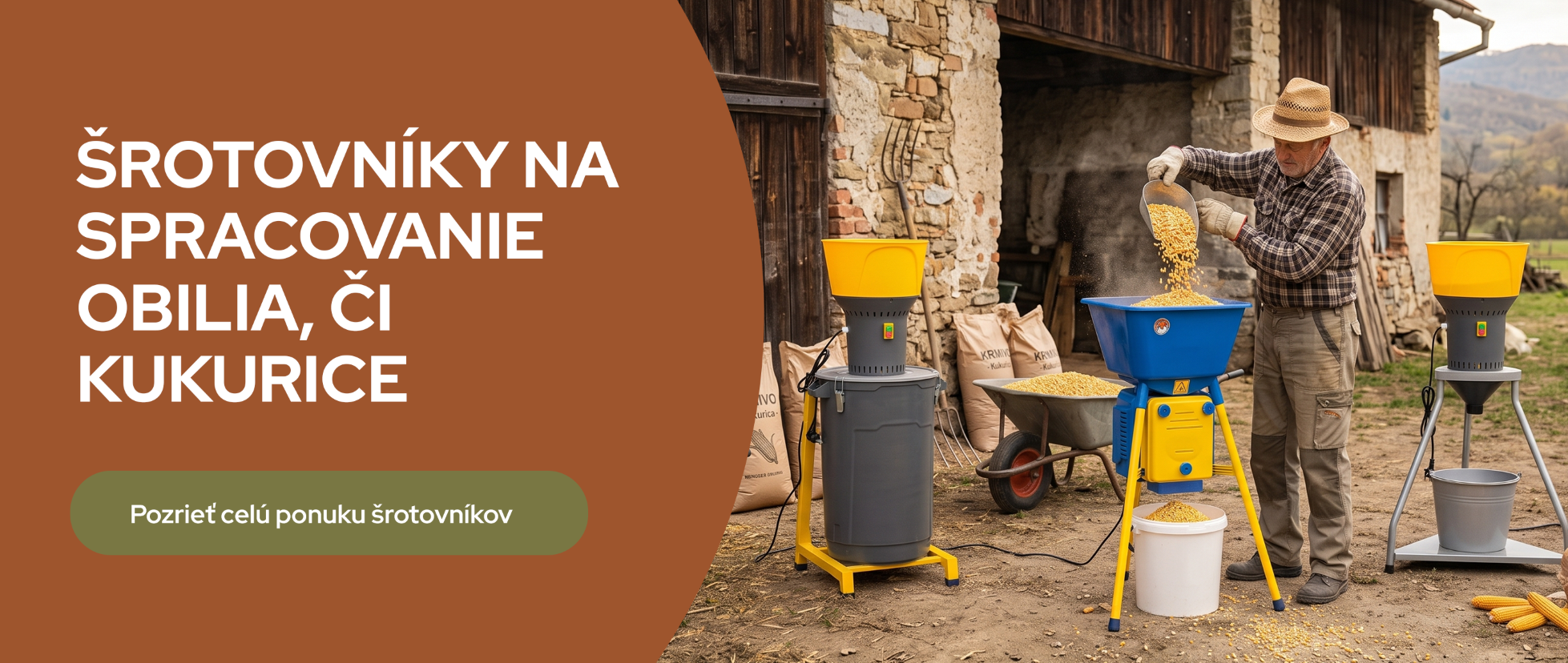 Šrotovníky na obilie Farmár&Majster – výkonné mlynčeky na šrotovanie obilia pre hospodárske zvieratá.