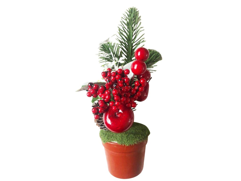 Dekorácia MagicHome Vianoce, Vetvičky v črepníku, s jablkom, 25cm, 2ks