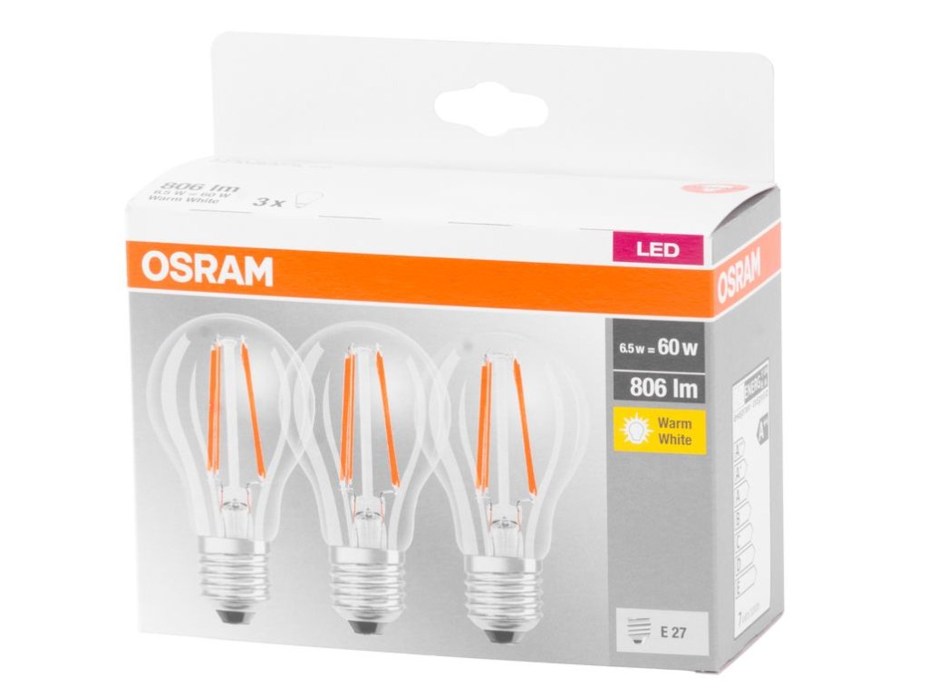 Žiarovka OSRAM® BASIC LED FR 60 (ean9351) non-dim 6,5W/827 E27 2700K MULTIPACK, Star CLASSIC A