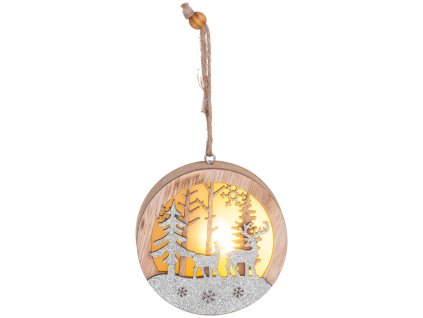 Dekorácia MagicHome Vianoce, Jeleň v guli, LED, závesná, drevená, MDF, 85x20x85 mm