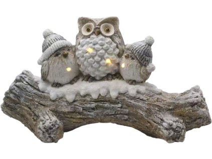 Dekorácia MagicHome Vianoce, sovy na zasneženom kmeni, LED, 20.5x49.5x27.5 cm