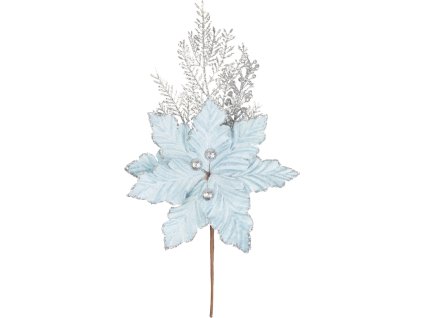 Vetvička MagicHome Vianoce, s kvetom poinsettia, modrá/strieborná, 27 cm