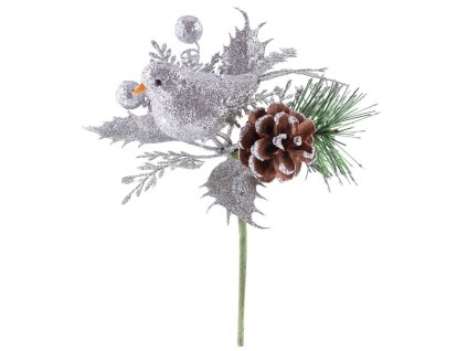 Vetvička MagicHome Vianoce, s vtáčikom, strieborná 17 cm