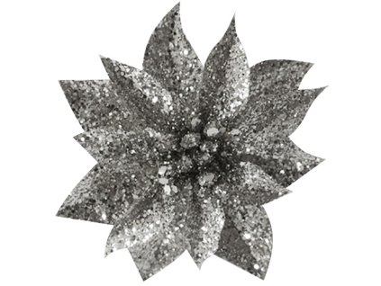 Kvet MagicHome Vianoce GlitterPoinsettia, so štipcom, strieborný, veľkosť kvetu: 9 cm, dĺžka kvetu: 8 cm, 6 ks