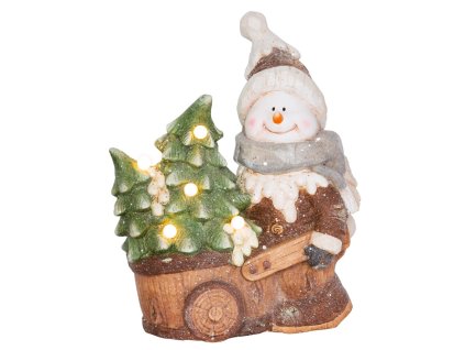 Dekorácia MagicHome Vianoce, Snehuliak s vozíkom, 6 LED, 3xAA, keramika, 35x24x43 cm