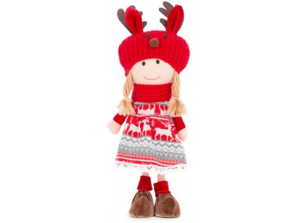 Dekorácia MagicHome Vianoce, Dievča s červeno-sivou čiapkou, 42 cm