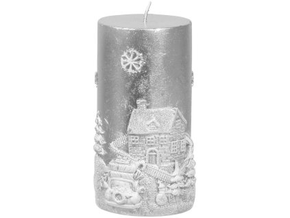 Sviečka MagicHome Vianoce, 7x12,5 cm, valcová, strieborná, s 3D krajinkou