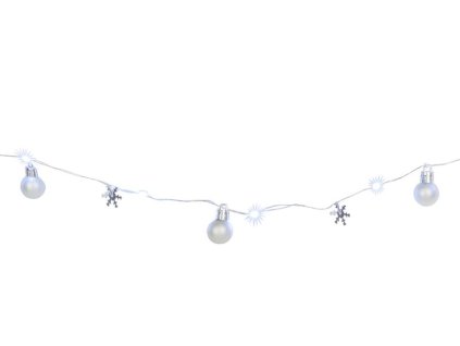 Reťaz MagicHome Vianoce Ball, 20x LED studená biela, s guľami a vločkami, strieborná, 2xAA, jednoduché svietenie, osvetlenie, L-1,9 m