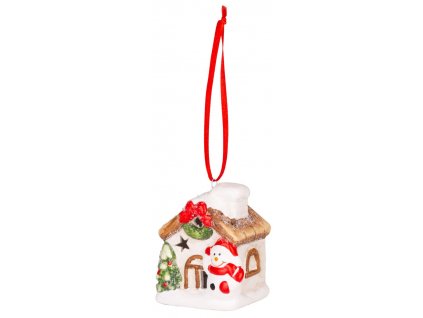Dekorácia MagicHome Vianoce, Domček so snehuliakom, LED, terakota, závesný, 5,8x5x7 cm