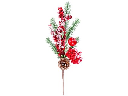 Vetvička MagicHome Vianoce, s bobuľkami a šiškou, červená, zasnežená, 32 cm