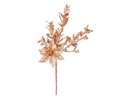 Vetvička MagicHome Vianoce, s kvetom poinsettia a bobuľkami, zlatá, 24 cm