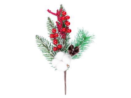 Vetvička MagicHome Vianoce, s bavlnou a bobuľkami, červená, 30 cm