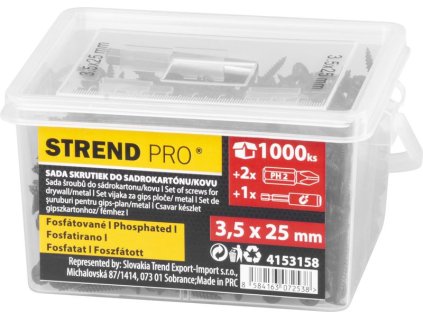 Sada vrutov Strend Pro, skrutky do sadrokartónu, 3,5x25 mm, s 2x bitmi a magnetickým držiakom, v dóze, bal. 1000 ks