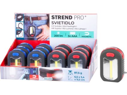Svietidlo Strend Pro Worklight, prívesok, LED 200 lm, magnet, s klipsou, červená/modrá, 3x AAA, Sellbox 12 ks