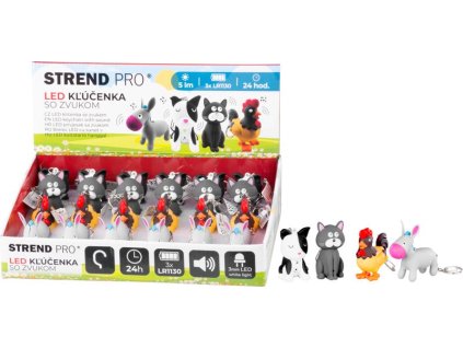 Svietidlo Strend Pro Keychain, kľúčenka, prívesok so zvukom, mačka/pes/kohút/osol, LED 5 lm, Sellbox 24 ks
